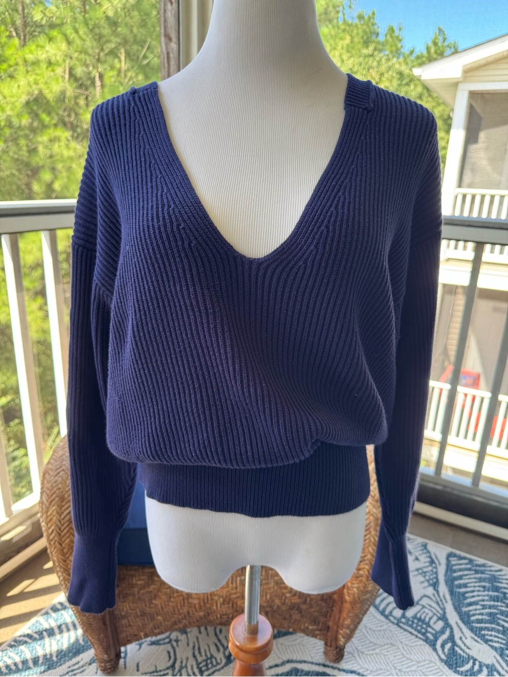 Free People Navy Deep V-Neck Ribbed Pullover